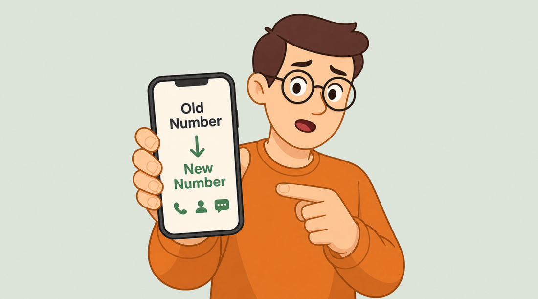An illustrated person holding a phone showing Old Number changing to New Number
