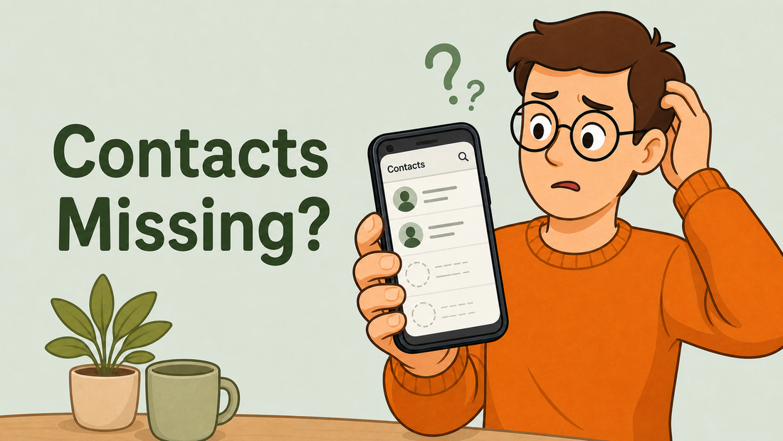 Tech Made Simple illustrated cover for missing contacts on a phone