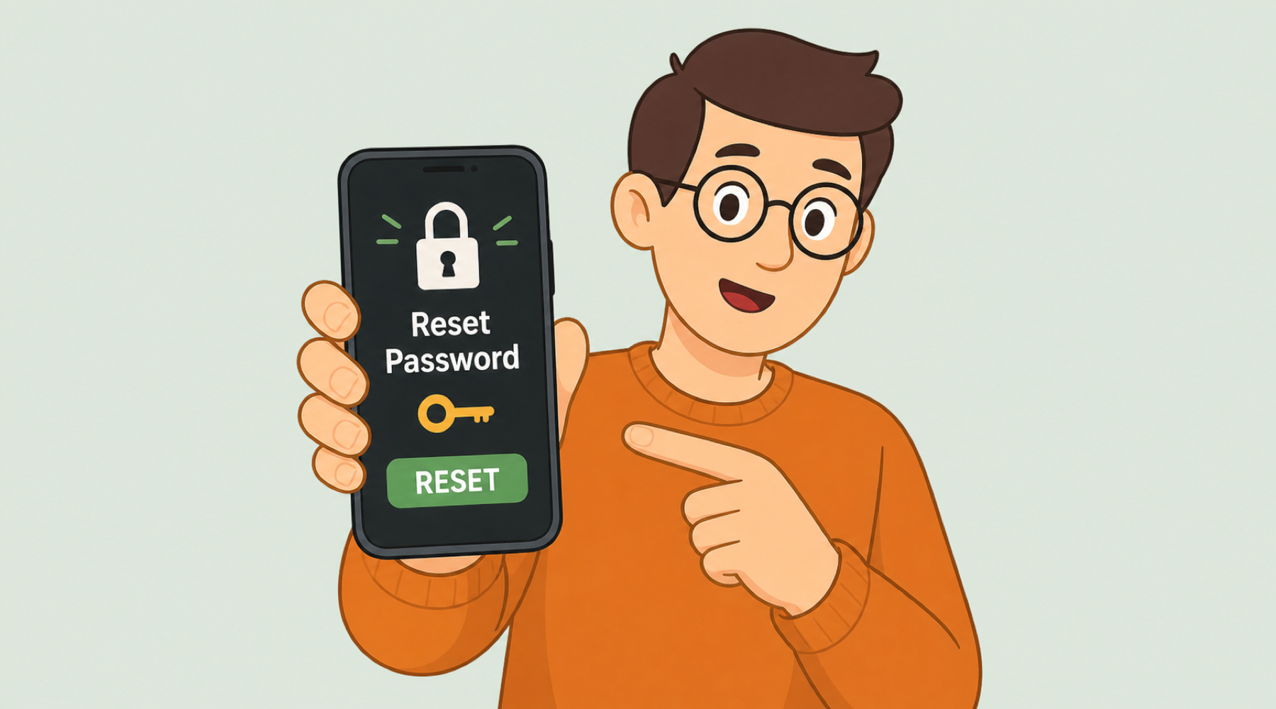 An illustrated person holding a phone showing Reset Password with a lock and key