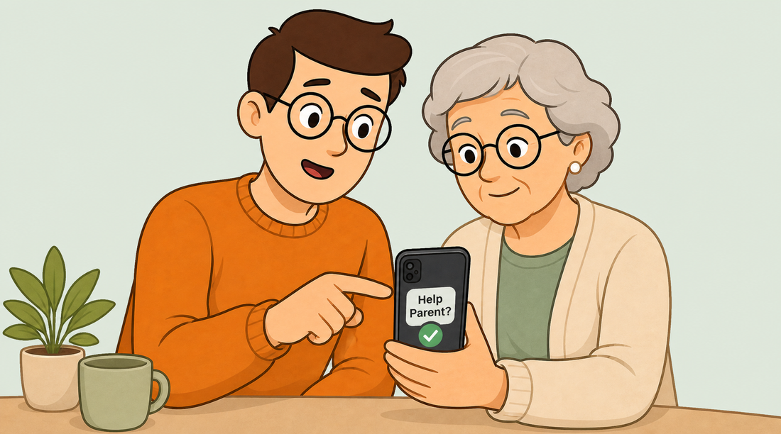 Tech Made Simple illustrated cover for helping an older parent with their phone