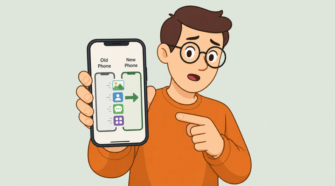 An illustrated person holding a phone showing old phone data moving to a new phone