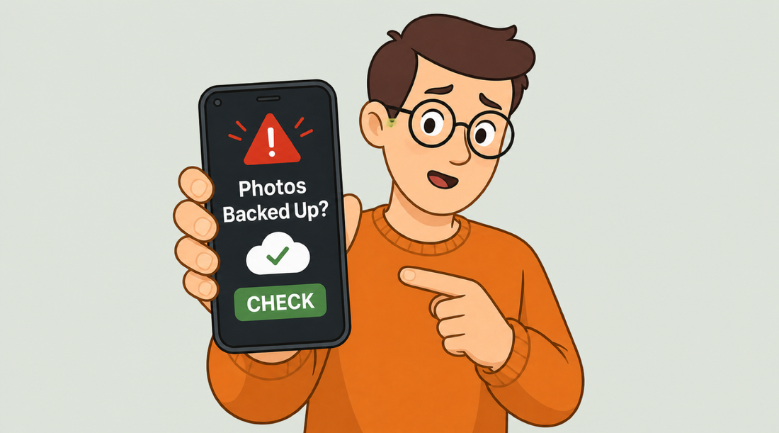 An illustrated person holding a phone that says Photos Backed Up with a Check button