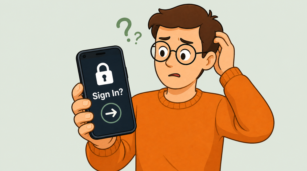Tech Made Simple illustrated cover for a phone asking to sign in again