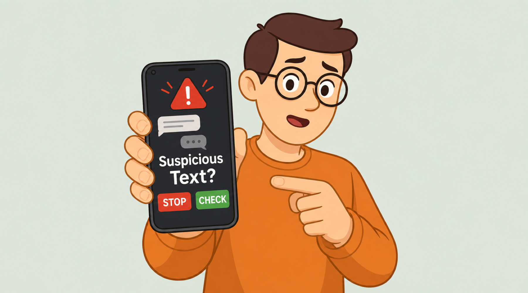 An illustrated person holding a phone that says suspicious text with stop and check buttons