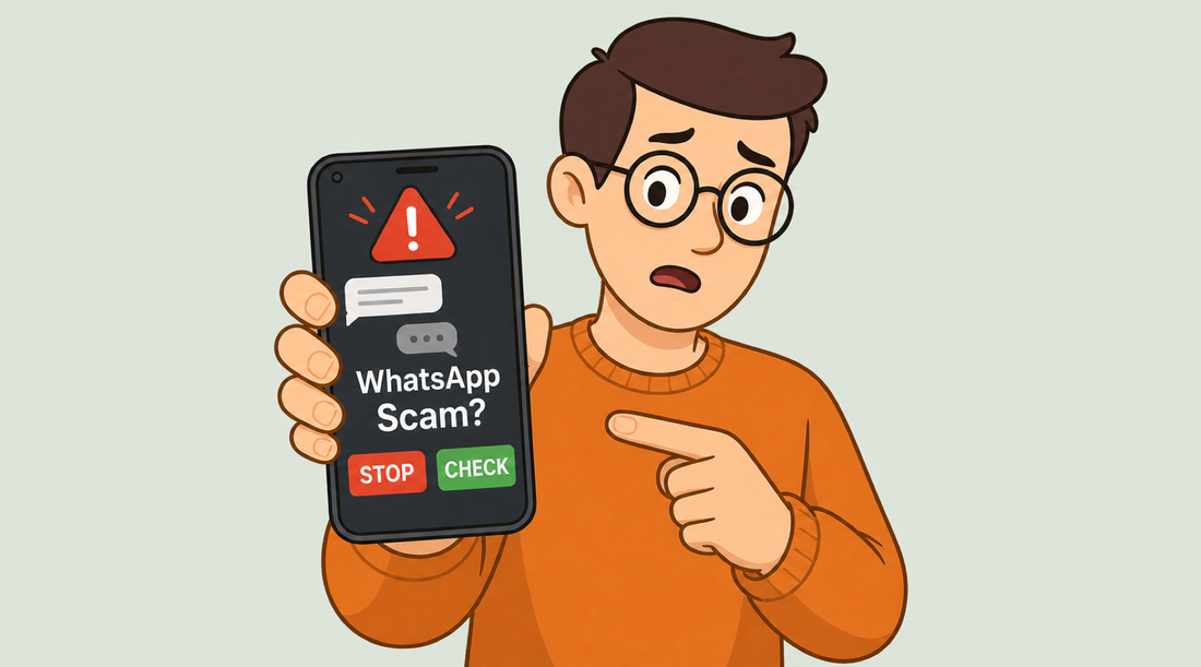 An illustrated person holding a phone that says WhatsApp Scam with Stop and Check buttons