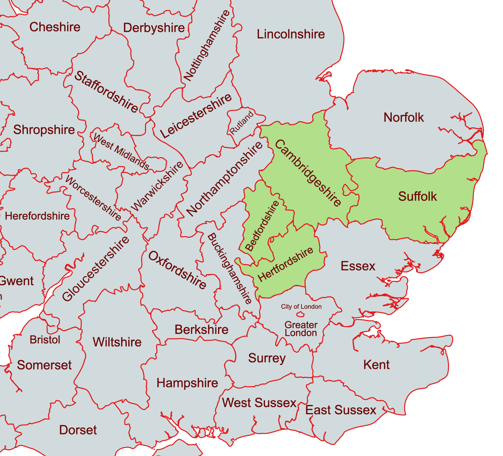 Map showing Confident With Tech coverage across Hertfordshire, Bedfordshire, Cambridgeshire and Suffolk
